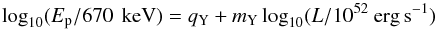 Mathematical equation: \begin{equation} \log_{10}(E_{\rm p}/670\,{\rm~keV}) = q_{\rm{Y}} + m_{\rm{Y}}\log_{10}(L/10^{52}~\rm{erg\,s^{-1}}) \label{eq:yone} \end{equation}