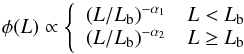 Mathematical equation: \begin{equation} \phi(L)\propto\left\lbrace\begin{array}{cc} \left({L}/{L_{\rm b}}\right)^{-\alpha_1} & L<L_{\rm b}\\ \left({L}/{L_{\rm b}}\right)^{-\alpha_2} & L\geq L_{\rm b} \end{array}\right. \end{equation}