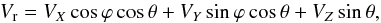 Mathematical equation: \begin{equation} V_{\rm r} = V_{X}\cos \varphi \cos \theta + V_{Y}\sin \varphi \cos \theta + V_{Z}\sin \theta, \end{equation}