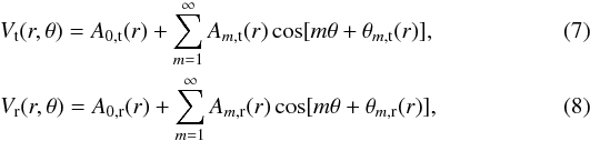 Mathematical equation: \begin{eqnarray} V_{\rm t}(r,\theta)=A_{0,\rm t}(r) + \sum_{m=1}^{\infty}A_{m,\rm t}(r)\cos[m\theta + \theta_{m,\rm t}(r)], \\ V_{\rm r}(r,\theta)=A_{0,\rm r}(r) + \sum_{m=1}^{\infty}A_{m,\rm r}(r)\cos[m\theta + \theta_{m,\rm r}(r)], \end{eqnarray}