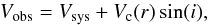 Mathematical equation: \begin{equation} V_{\rm obs} = V_{\rm sys} + V_{\rm c}(r)\sin(i), \end{equation}