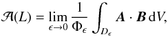 Mathematical equation: \begin{equation} {\cal A}(L) = \lim_{\epsilon\to 0}\frac{1}{\Phi_\epsilon}\int_{D_\epsilon}\Ab\cdot\Bb\,\mathrm{d}V, \label{eqn:lim} \end{equation}
