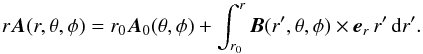Mathematical equation: \begin{equation} r\Ab(r,\theta,\phi) = r_0\Ab_0(\theta,\phi) + \int_{r_0}^{r}\Bb(r',\theta,\phi)\times\eb_r\,r'\,\mathrm{d}r'. \label{eqn:devore} \end{equation}