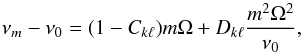 Mathematical equation: \begin{equation} \nu_m-\nu_0 = (1-C_{k\ell})m\Omega + D_{k\ell}\frac{m^2\Omega^2}{\nu_0}, \end{equation}