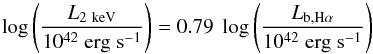 Mathematical equation: \begin{equation} \log{\left(\frac{L_{2~\kev}}{10^{42}\;\ergsec}\right)}=0.79\; \log{\left(\frac{L_{\rm b, H\alpha}}{10^{42}\;\ergsec}\right)} \label{eq:RCh3_BL_L2LbHa} \end{equation}