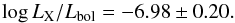 Mathematical equation: \begin{equation} \log{L_{\rm X}/L_{\rm bol}} = -6.98 \pm 0.20. \label{eq1} \end{equation}