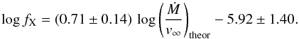Mathematical equation: \begin{equation} \log{f_{\rm X}} = (0.71 \pm 0.14)\,\log{\left(\frac{\dot{M}}{v_{\infty}}\right)_{\rm theor}}-5.92 \pm 1.40.\label{eq3} \end{equation}