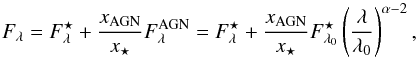 Mathematical equation: \begin{equation} \label{Eq:Linear_Combination_Modified} F_{\lambda} = F^{\star}_{\lambda} + \frac{x_{\mathrm{AGN}}}{x_{\star}} F^{\mathrm{AGN}}_{\lambda} = F^{\star}_{\lambda} + \frac{x_{\mathrm{AGN}}}{x_{\star}} F^{\star}_{\lambda_0} \left( \frac{\lambda}{\lambda_0} \right)^{\alpha-2} , \end{equation}