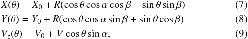 \begin{eqnarray} && X(\theta) = X_0+R(\cos\theta\cos\alpha\cos\beta-\sin\theta\sin\beta) \\ && Y(\theta) = Y_0+R(\cos\theta\cos\alpha\sin\beta+\sin\theta\cos\beta) \\ && V_{z}(\theta) = V_0+V\cos\theta\sin\alpha, \end{eqnarray}