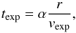 Mathematical equation: \begin{equation} t_{\mathrm{exp}} = \alpha \frac{r}{v_{\mathrm{exp}}}, \label{eq:age} \end{equation}