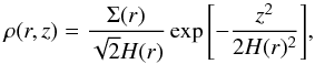 \begin{equation} \label{eq:vertical_gas} \rho(r,z) = \frac{\Sigma(r)}{\sqrt{2}H(r)} \exp{\left[-\frac{z^2}{2H(r)^2} \right]}, \end{equation}