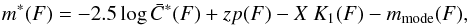 \appendix \setcounter{section}{1} \begin{equation} \label{eq:zimpol_magnitude} m^*(F) = -2.5\log\bar{C}^*(F) + zp(F) - X \ K_1(F) - m_{\rm mode}(F), \end{equation}