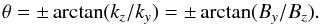 Mathematical equation: \begin{equation} \theta=\pm\arctan(k_z/k_y)=\pm\arctan(B_y/B_z). \label{eqn:oblique} \end{equation}