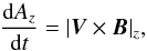 Mathematical equation: \begin{equation} \frac{{\rm d}A_z}{{\rm d}t}=|\vec{V}\times \vec{B}|_z, \label{eqn:vxb} \end{equation}
