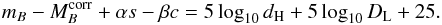 \begin{equation} m_B-M_B^{\rm corr}+\alpha s-\beta c=5\log_{10}d_{\rm H} + 5\log_{10}D_{\rm L} +25. \label{eq:dist-magn} \end{equation}