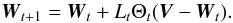 \appendix \setcounter{section}{2} \begin{equation} \vec{W}_{t+1}=\vec{W}_t+L_t \Theta_t (\vec{V}-\vec{W}_t) . \end{equation}