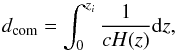 \appendix \setcounter{section}{3} \begin{equation} d_{\mathrm{com}}= \int_{0}^{z_i} \frac{1}{c H(z)} \mathrm{d}z , \end{equation}
