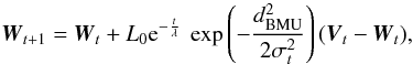 \begin{equation} \label{eq:update} \vec{W}_{t+1}=\vec{W}_t+ L_0 {\rm e}^{-\frac{t}{\lambda}} \ \exp \left(-\frac{d_{\mathrm{BMU}}^2}{2 \sigma_t^2}\right) (\vec{V}_t-\vec{W}_t) , \end{equation}