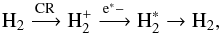 Mathematical equation: \begin{equation} \ensuremath{\rm H_2 \xrightarrow{{\rm CR}} H_2^+ \xrightarrow{{\rm e}^{*}-} H_2^{*} \rightarrow H_2},\\ \label{cr_reactions} \end{equation}