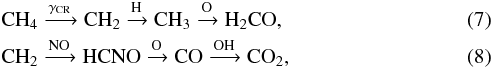 Mathematical equation: \begin{eqnarray} &&\ensuremath{\rm CH_4} \ensuremath{\rm \xrightarrow{\gamma_\mathrm{CR}} CH_2} \ensuremath{\rm \xrightarrow{\ensuremath{\rm H}} CH_{3}} \ensuremath{\rm \xrightarrow{\ensuremath{\rm O}} H_2CO},\\ &&\ensuremath{\rm CH_2} \ensuremath{\rm \xrightarrow{\ensuremath{\rm NO}} HCNO} \ensuremath{\rm \xrightarrow{\ensuremath{\rm O}} CO} \ensuremath{\rm \xrightarrow{\ensuremath{\rm OH}} CO_2}, \end{eqnarray}