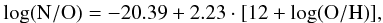 \begin{eqnarray} \log({\rm N/O}) = -20.39 + 2.23\cdot[12+\log({\rm O/H})],\nonumber \end{eqnarray}