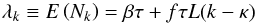 Mathematical equation: \begin{equation} \lambda_k \equiv {E}\left( N_k \right) = \beta\tau + f\tau L(k - \kappa) \label{eq:winModel} \end{equation}