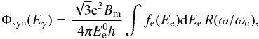 \appendix \setcounter{section}{2} \begin{equation} \Phi_{\rm syn}(E_{\rm \gamma})=\frac{\sqrt{3}{\rm e}^{3}B_{\rm m}}{4\pi E_{\rm e}^{0}h}\int f_{\rm e}(E_{\rm e}){\rm d}E_{\rm e}\,R(\omega/\omega_{\rm c}) \label{Eq:synch} , \end{equation}