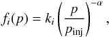 \begin{equation} f_{i}(p)=k_{i}\left(\frac{p}{p_{\rm inj}}\right)^{-\alpha} \label{eq_acc_distribution} , \end{equation}