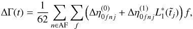 \appendix \setcounter{section}{1} \begin{equation} \Delta\Gamma(t) = \frac{1}{62}\sum_{n\in\text{AF}}\sum_f \left(\Delta\eta^{(0)}_{0fnj}+ \Delta\eta^{(1)}_{0fnj}L^*_1(\tilde{t}_j)\right)f, \label{eq:DeltaGamma} \end{equation}
