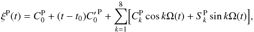 \appendix \setcounter{section}{1} \begin{equation} \xi^\text{P}(t) = C^\text{P}_{0} + (t-t_0){C'_0}^\text{P} + \sum_{k=1}^8\Bigl[C_k^\text{P}\cos k\Omega(t) + S_k^\text{P}\sin k\Omega(t) \Bigr], \label{eq:bamLOS} \end{equation}