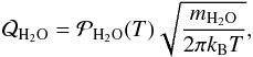 Mathematical equation: \begin{equation} \label{mass_release} \mathcal{Q}_{\rm H_2O} = \mathcal{P}_{\rm H_2O} (T) \sqrt{\frac{m_{\rm H_2O}}{2 \pi k_{\rm B} T}} , \end{equation}
