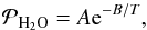 Mathematical equation: \begin{equation} \label{P} \mathcal{P}_{\rm H_2O} = A {\rm e}^{-B/T} , \end{equation}