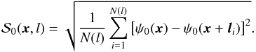 Mathematical equation: \begin{equation} \dpsiz (\vec{x},l) = \sqrt{ \frac{1}{N(l)} \sum_{i=1}^{N(l)} \left[\angz(\vec{x}) - \angz (\vec{x}+\vec{l}_i ) \right]^2 }. \label{eq:dpsiz} \end{equation}