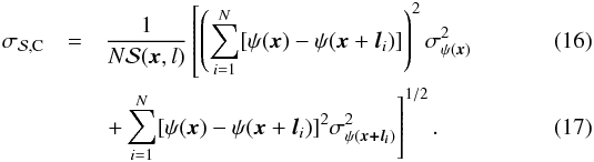 Mathematical equation: \begin{eqnarray} \sigcl &= & \dfrac {1}{N \dpsi (\vec{x},l)} \left[\left(\sum_{i=1}^{N}[\psi (\vec{x}) - \psi (\vec{x} +\vec{l}_{i} )]\right)^{2} \sigma^{2}_{\psi(\vec{x})} \right.\\&&\left. + \sum_{i=1}^{N} [\psi (\vec{x}) - \psi (\vec{x} +\vec{l}_{i} )]^{2} \sigma^{2}_{\psi(\vec{x+l_{\it i}})} \right]^{1/2}. \label{eq:uncertainty} \end{eqnarray}