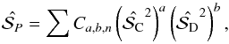 Mathematical equation: \begin{equation} \poly = \sum C_{a,b,n} \left(\cl^{2}\right)^{a} \left(\dich^{2}\right)^{b}, \end{equation}