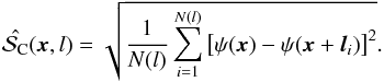 Mathematical equation: \begin{equation} \cl (\vec{x},l) = \sqrt{ \frac{1}{N(l)} \sum_{i=1}^{N(l)} \left[\ang(\vec{x}) - \ang (\vec{x}+\vec{l}_i ) \right]^2 }. \label{eq:dpsi} \end{equation}