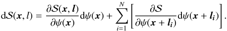 Mathematical equation: \appendix \setcounter{section}{1} \begin{equation} {\rm d}\dpsi (\vec{x},l ) =\dfrac {\partial \dpsi (\vec{x},\vec{l}) } {\partial \psi (\vec{x}) } {\rm d} \psi (\vec{x}) + \sum_{i=1}^{N} \left[\dfrac { \partial \dpsi }{\partial \psi (\vec{x}+\vec{l_{\it i}} ) } {\rm d} \psi (\vec{x}+\vec{l_{\it i}} )\right]. \end{equation}