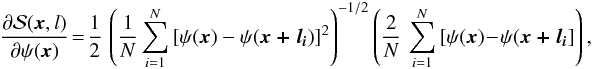 Mathematical equation: \appendix \setcounter{section}{1} \begin{eqnarray*} \dfrac{\partial \dpsi (\vec{x},l ) } {\partial \psi (\vec{x}) } \!= \!\dfrac{1}{2} \, \left( \dfrac{1}{N} \sum_{i=1}^{N} \,[\psi (\vec{x}) -\psi (\vec{x+l_{\it i}})]^{2} \right)^{-1/2 } \left( \dfrac{2}{N}\, \sum_{i=1}^{N} \, [\psi (\vec{x}) \!-\! \psi (\vec{ x+l_{i} }] \right), \end{eqnarray*}