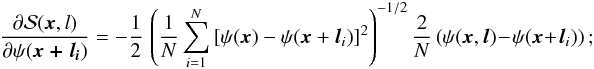 Mathematical equation: \appendix \setcounter{section}{1} \begin{eqnarray*} \dfrac {\partial \dpsi (\vec{x},l ) } {\partial \psi (\vec{x+l_{\it i}}) } = - \dfrac{1}{2} \, \left( \dfrac{1}{N} \sum_{i=1}^{N} \, [\psi (\vec{x}) - \psi (\vec{x} +\vec{l}_{i} )]^{2} \right)^{-1/2 } \dfrac{2}{N} \left(\psi (\vec{x}, \vec{l} )\! - \!\psi (\vec{x} \!+ \!\vec{l}_{i} )\right); \end{eqnarray*}