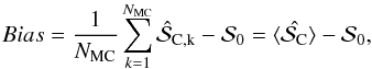 Mathematical equation: \begin{equation} Bias = \frac{1}{N_{\rm MC}}\sum_{k=1}^{N_{\rm MC}} \hat{\dpsi}_{\rm C,k} - \dpsiz = \langle \cl \rangle - \dpsiz, \end{equation}