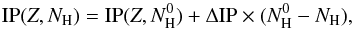 Mathematical equation: \begin{equation} \text{IP}(Z, {N}_{\text{H}}) = \text{IP}(Z, {N}_{\text{H}}^{0}) + \Delta \text{IP} \times ({N}_{\text{H}}^{0} - {N}_{\text{H}}), \end{equation}