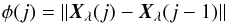 Mathematical equation: \appendix \setcounter{section}{2} \begin{equation} \phi(j)=\|\vec{X}_{\lambda}(j)-\vec{X}_{\lambda}(j-1)\| \end{equation}