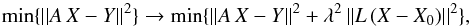Mathematical equation: \begin{equation} \label{eq-regterm} \min\{||A\,X-Y||^2\} \rightarrow \min\{||A\,X-Y||^2 + \lambda^2 \,|| L \,(X-X_0) ||^2\}, \end{equation}