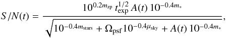 Mathematical equation: \begin{equation} S/N(t) = \frac{10^{0.2 m_{\rm zp}} \, t^{1/2}_{\rm exp} \, A(t) \, 10^{-0.4m_*}}{\sqrt{10^{-0.4 m_{\rm stars}} + \Omega_{\rm psf}10^{-0.4\mu_{\rm sky}} + A(t) \, 10^{-0.4m_*}}}, \label{eq:sn} \end{equation}