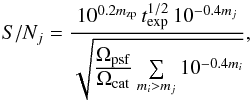 Mathematical equation: \begin{equation} S/N_j = \frac{10^{0.2 m_{\rm zp}} \, t^{1/2}_{\rm exp} \, 10^{-0.4m_j}}{\sqrt{\frac{\ts \Omega_{\rm psf}}{\ts \Omega_{\rm cat}} \sum\limits_{m_i > m_j} 10^{-0.4m_i}}}, \label{eq:resstar} \end{equation}
