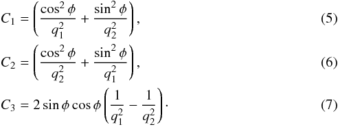Mathematical equation: \begin{eqnarray} && C_1 = \left(\frac{\cos^2 \phi }{q^2 _1} + \frac{\sin^2 \phi}{q^2 _2}\right), \label{c1} \\ && C_2 = \left(\frac{\cos^2 \phi }{q^2 _2} + \frac{\sin^2 \phi}{q^2 _1}\right), \label{c2} \\ && C_3 = 2 \sin \phi \cos \phi \left(\frac{1}{q^2 _1} - \frac{1}{q^2 _2}\right)\cdot \label{c3} \end{eqnarray}