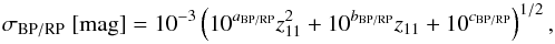 \begin{equation} \sigma_{\rm BP/RP} ~{\rm [mag]} = 10^{-3} \left(10^{a_{\rm BP/RP}} z_{11}^2 + 10^{b_{\rm BP/RP}} z_{11} + 10^{c_{\rm BP/RP}}\right)^{1/2},\label{eq:photometry_XP} \end{equation}