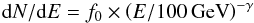 Mathematical equation: \begin{equation} {\rm d}N/{\rm d}E = f_0 \times \left(E/100\,\mathrm{GeV}\right)^{-\gamma}\ \end{equation}