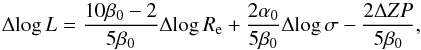 Mathematical equation: \begin{equation} \Delta\! \log L = \frac{10\beta_0-{2}}{5\beta_0} \Delta\!\log R_{\rm e}+\frac{2\alpha_0}{5\beta_0} \Delta\! \log \sigma-\frac{2\Delta ZP}{5\beta_0}, \label{eq_DeltaL} \end{equation}