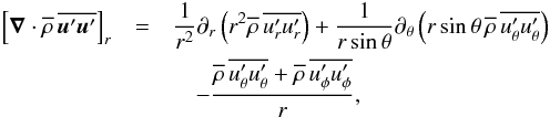 Mathematical equation: \begin{eqnarray} \left[\nab\cdot\meanrho\,\overline{\fluc{\uu}\fluc{\uu}}\right]_r &=&{1\over r^2} \partial_r\left(r^2\meanrho\,\overline{\fluc{u_r}\fluc{u_r}}\right) + {1\over r\sin\theta} \partial_\theta \left(r\sin\theta\,\meanrho\,\overline{\fluc{u_\theta} \fluc{u_\theta}}\right)\nonumber\\ && \quad -{\meanrho\,\overline{\fluc{u_\theta}\fluc{u_\theta}}+\meanrho\,\overline{\fluc{u_\phi}\fluc{u_\phi}}\over r}, \label{eq:qrr} \end{eqnarray}